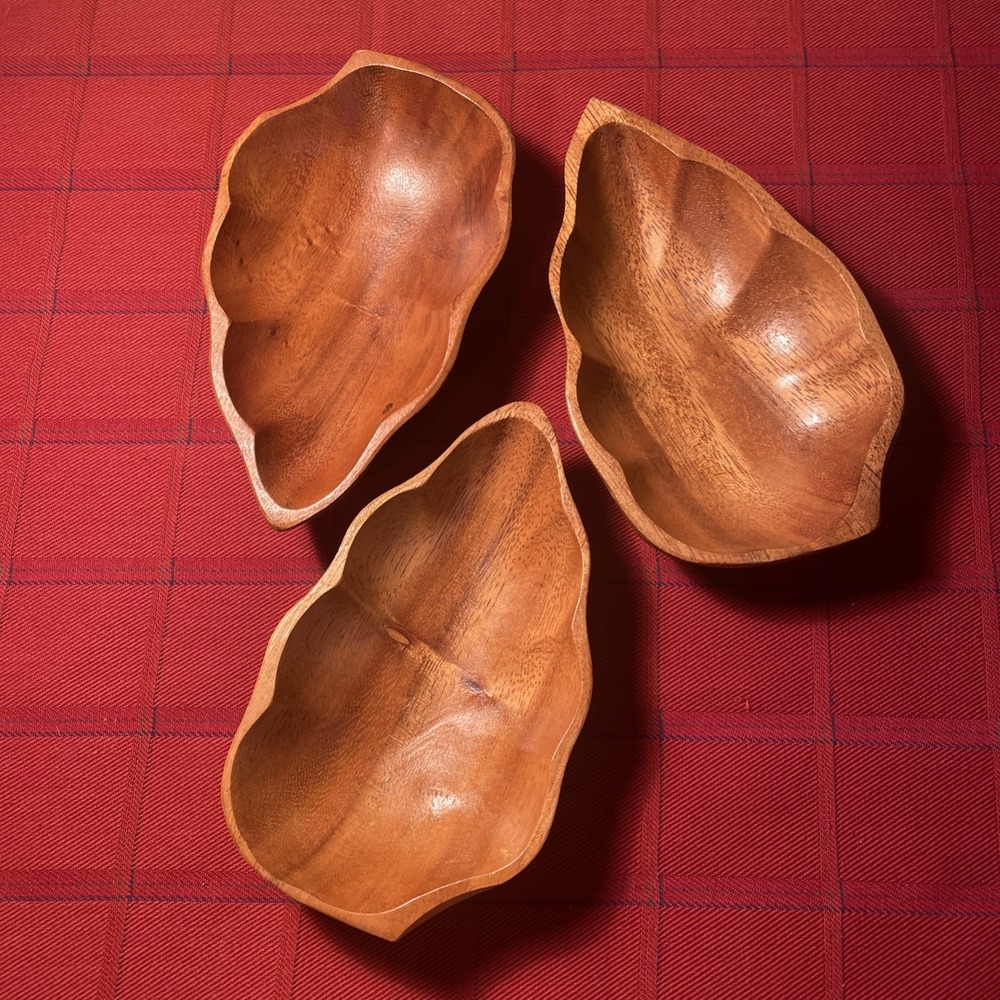 Set of 3 Vintage Carved Wood Leaf bowls MCM